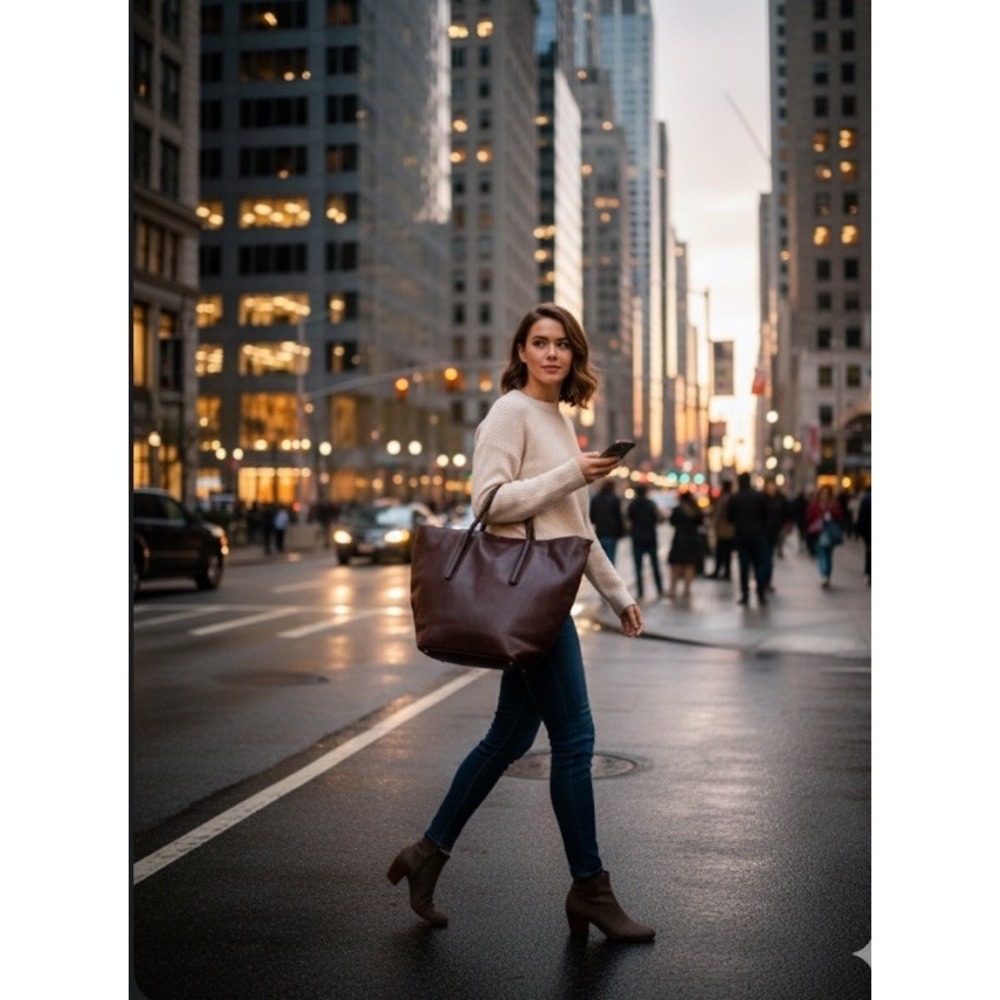 Noonday Collection Leather Arcadia Tote Bag Spacious‎ Purse Brown Braided Straps